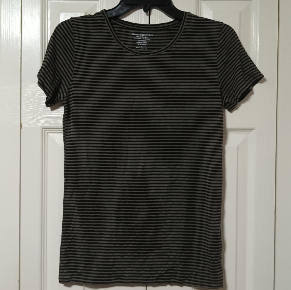 Majestic Filatures Black and Gray Striped Short Sleeve Tee
